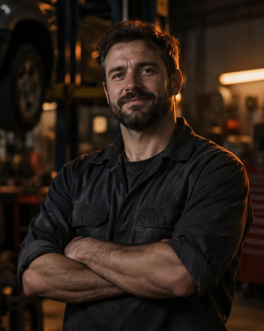 Portrait of Matt, owner and head mechanic of Ignited Automotive, arms crossed in the workshop