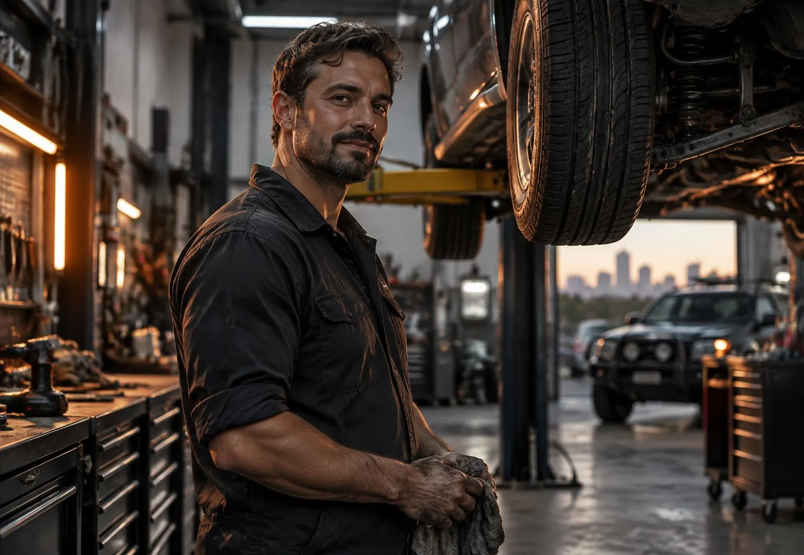 Matt, head mechanic at Ignited Automotive, beside a car on the hoist in the Campbellfield workshop